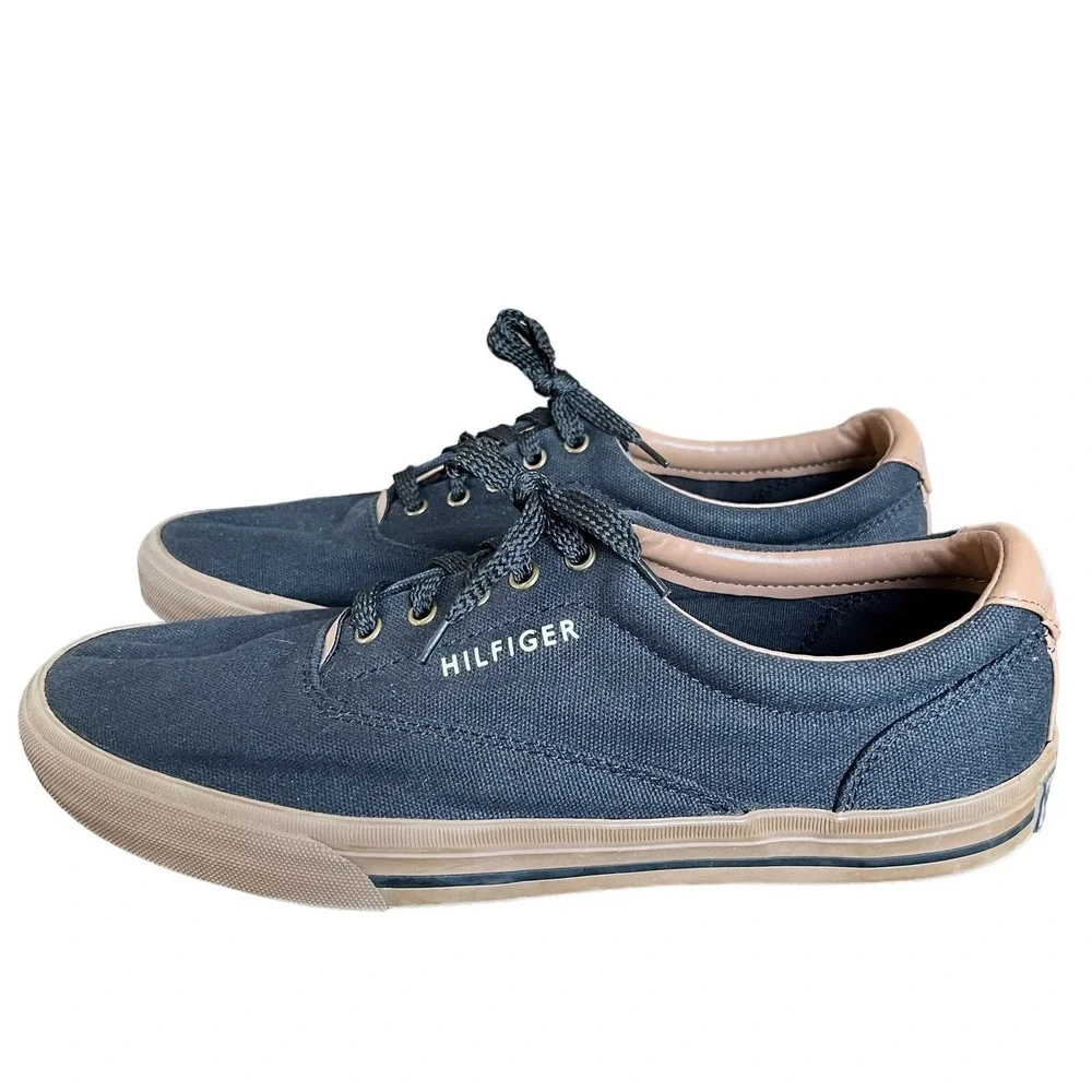 Tommy Hilfiger Deck Shoes Mens 8.5 Black Brown Canvas Boat Casual Flats